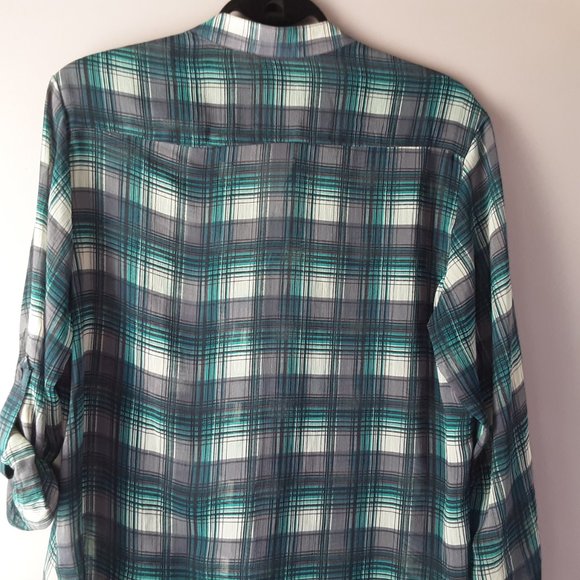 🌞 Band of Gypsies Plaid Blouse, Roll Sleeve, M - Picture 9 of 13